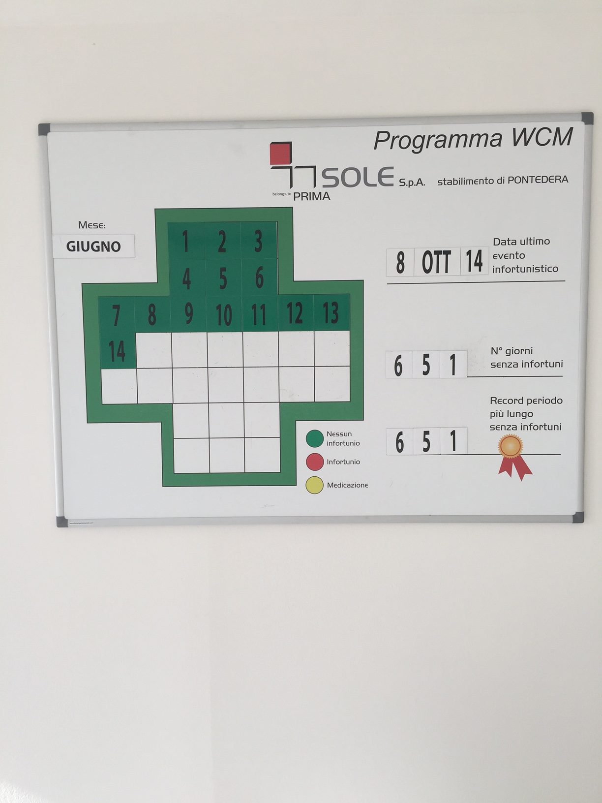 La tabella all'ingresso dello stabilimento indica l'assenza di infortuni sul lavoro dal 2014